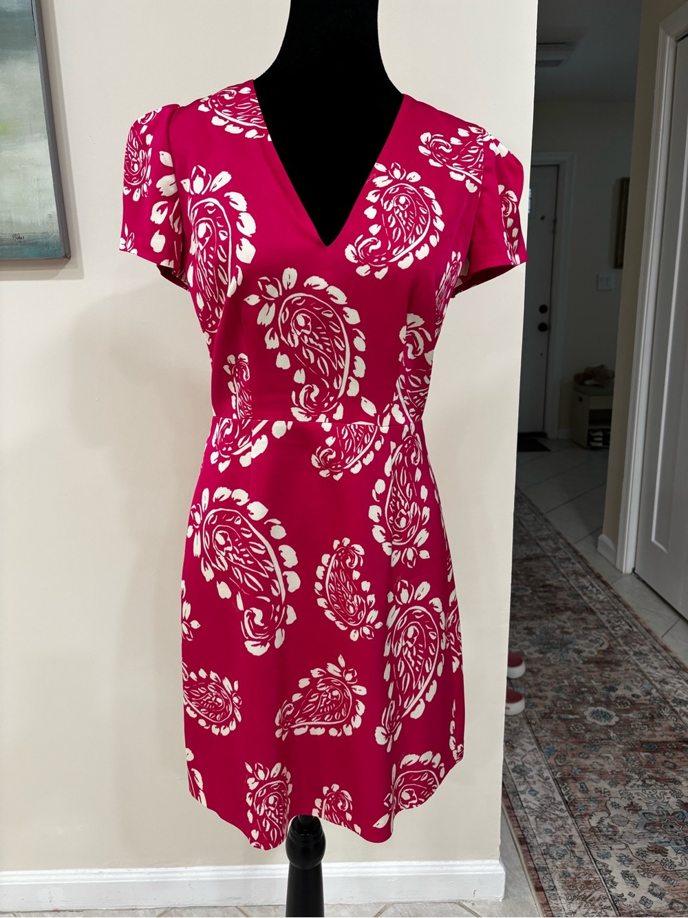 Milly Hot Pink and White Paisley V-Neck Mini Dress
